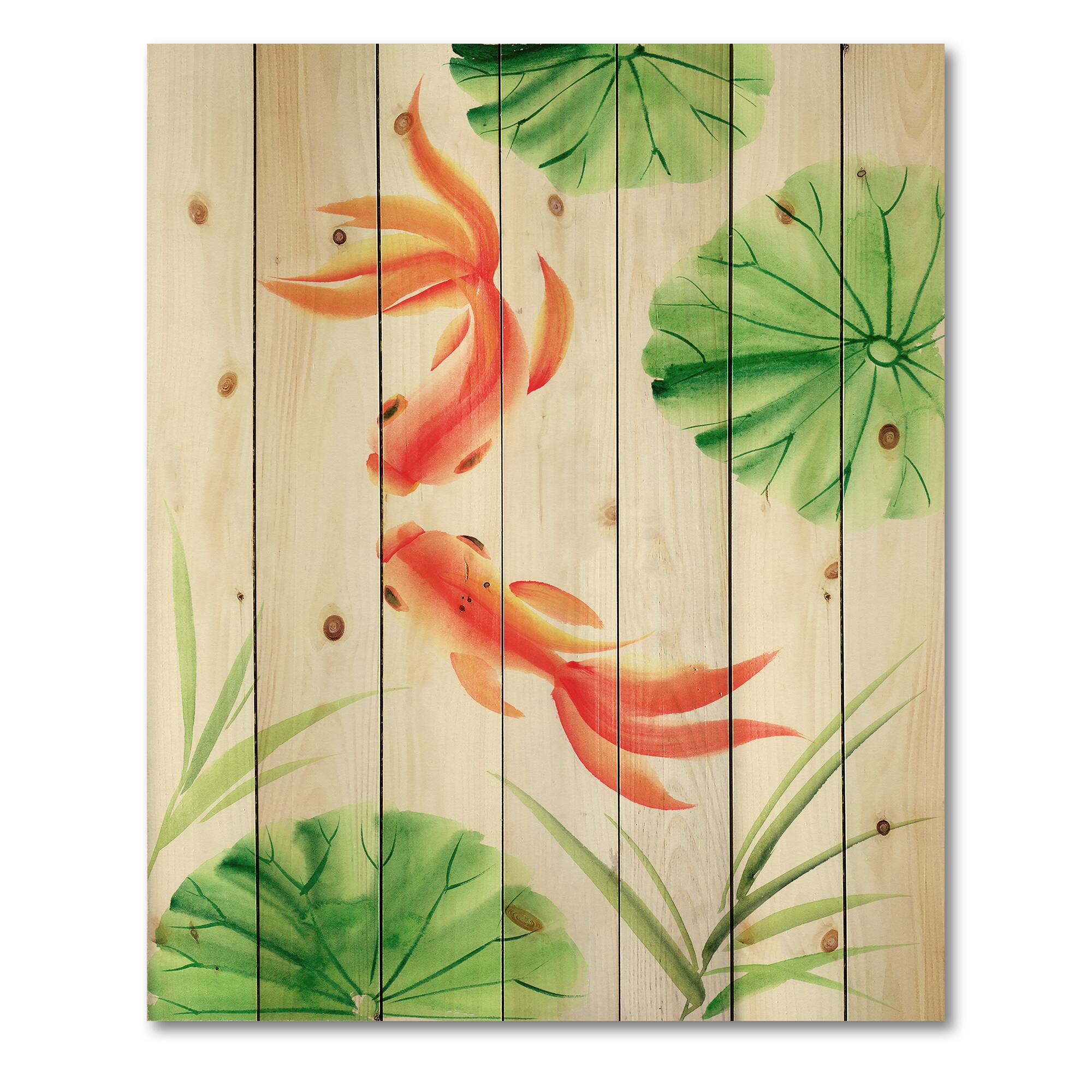 Designart - Goldfishes Among The Lotus Leaves - Nautical & Coastal Print on Natural Pine Wood
